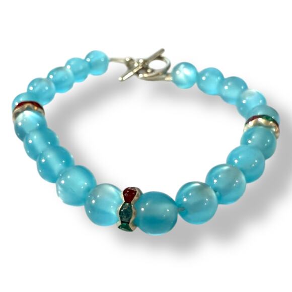 Handmade Blue Tiger Eye & Green Red Crystal Bracelet 7.75" - Picture 2 of 7